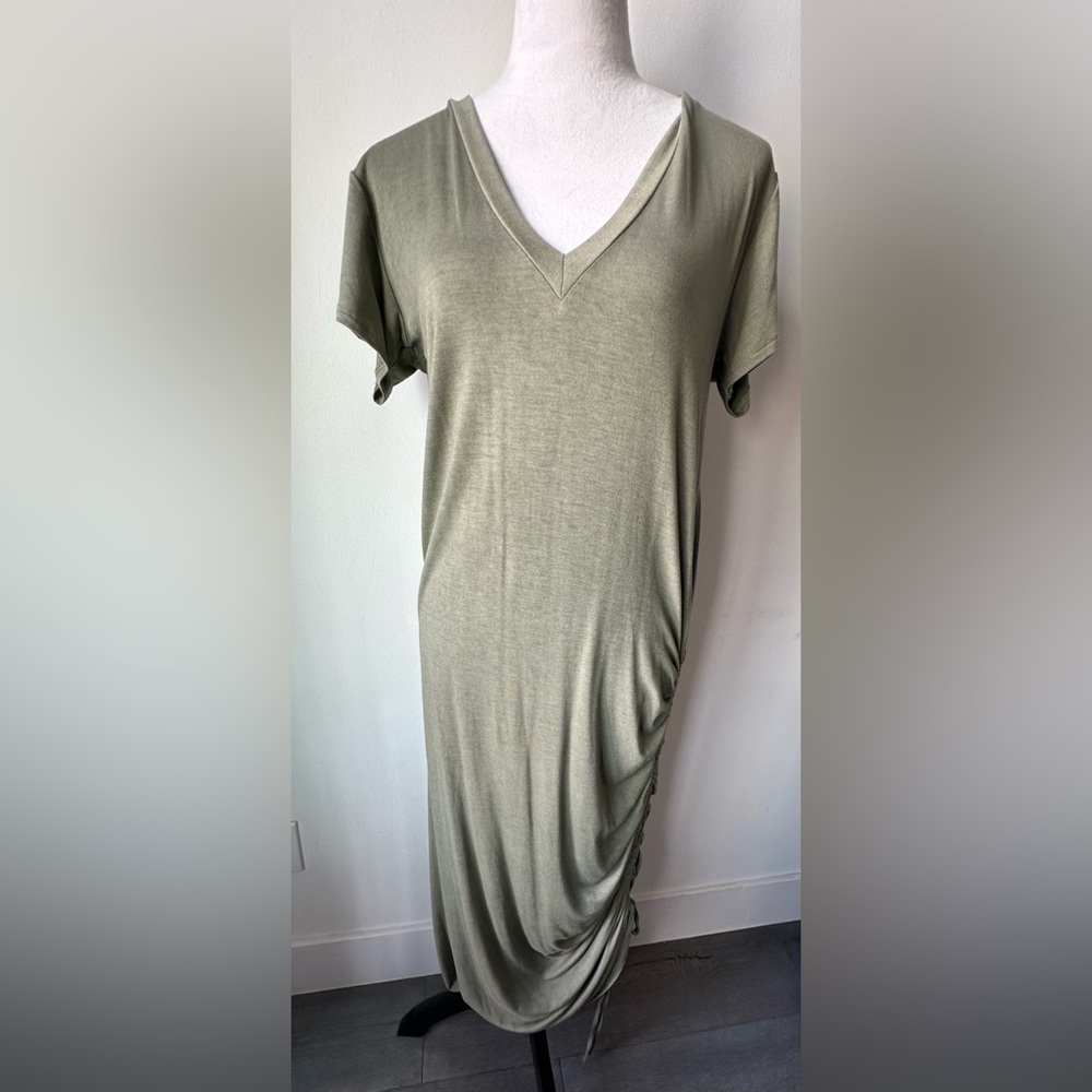 NWT Maxi Dress V-Neck with Ruched Pull Tie on one side in Olive Green in Medium